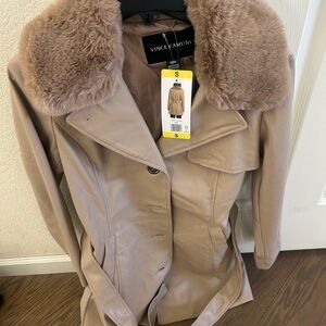 Vince Camuto Women's Tan Coat with Faux Fur Collar